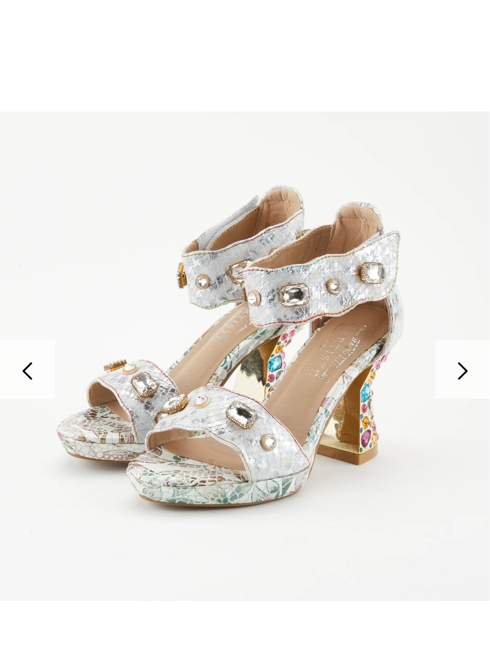 L'ARTISTE Silver Jeweled Block Heel Sandals with Gold Accents
